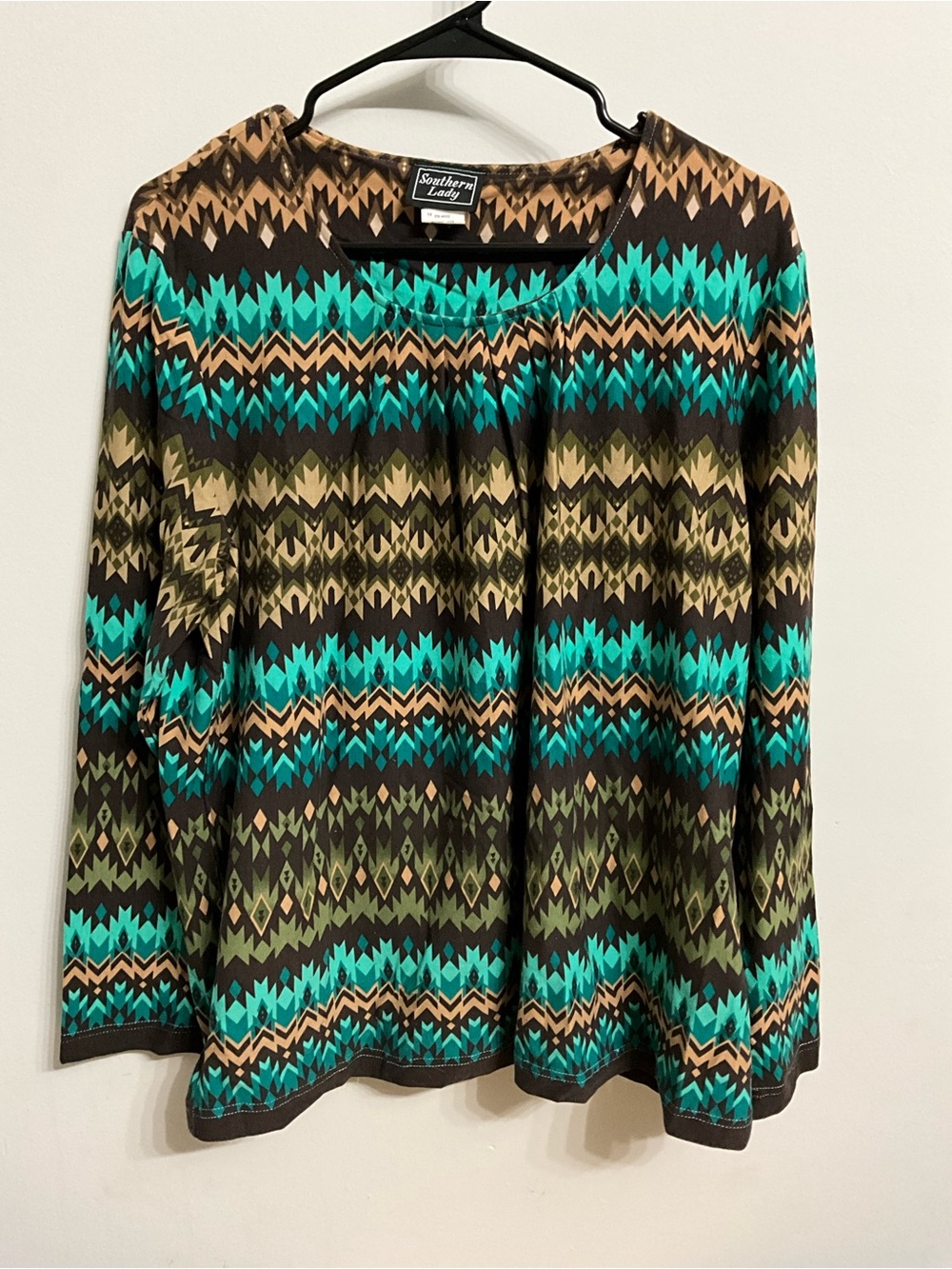 Southern Lady Teal, Brown & Olive Geometric Print Long Sleeve Top